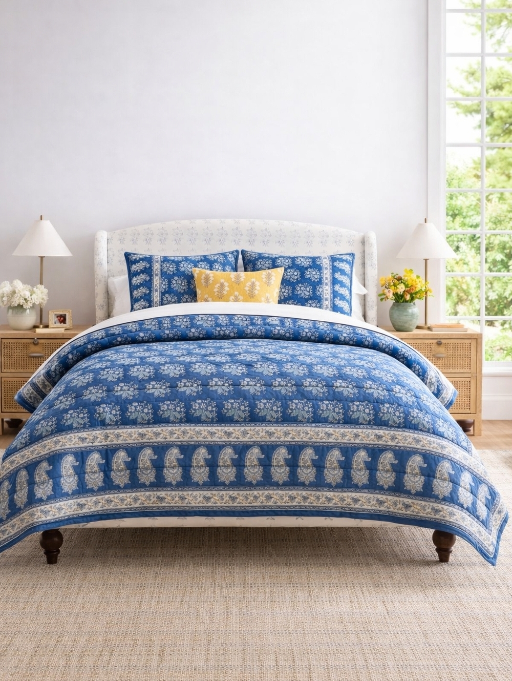 Pottery Barn Regan Handcrafted Reversible Quilt King/Cal King Blue Floral New